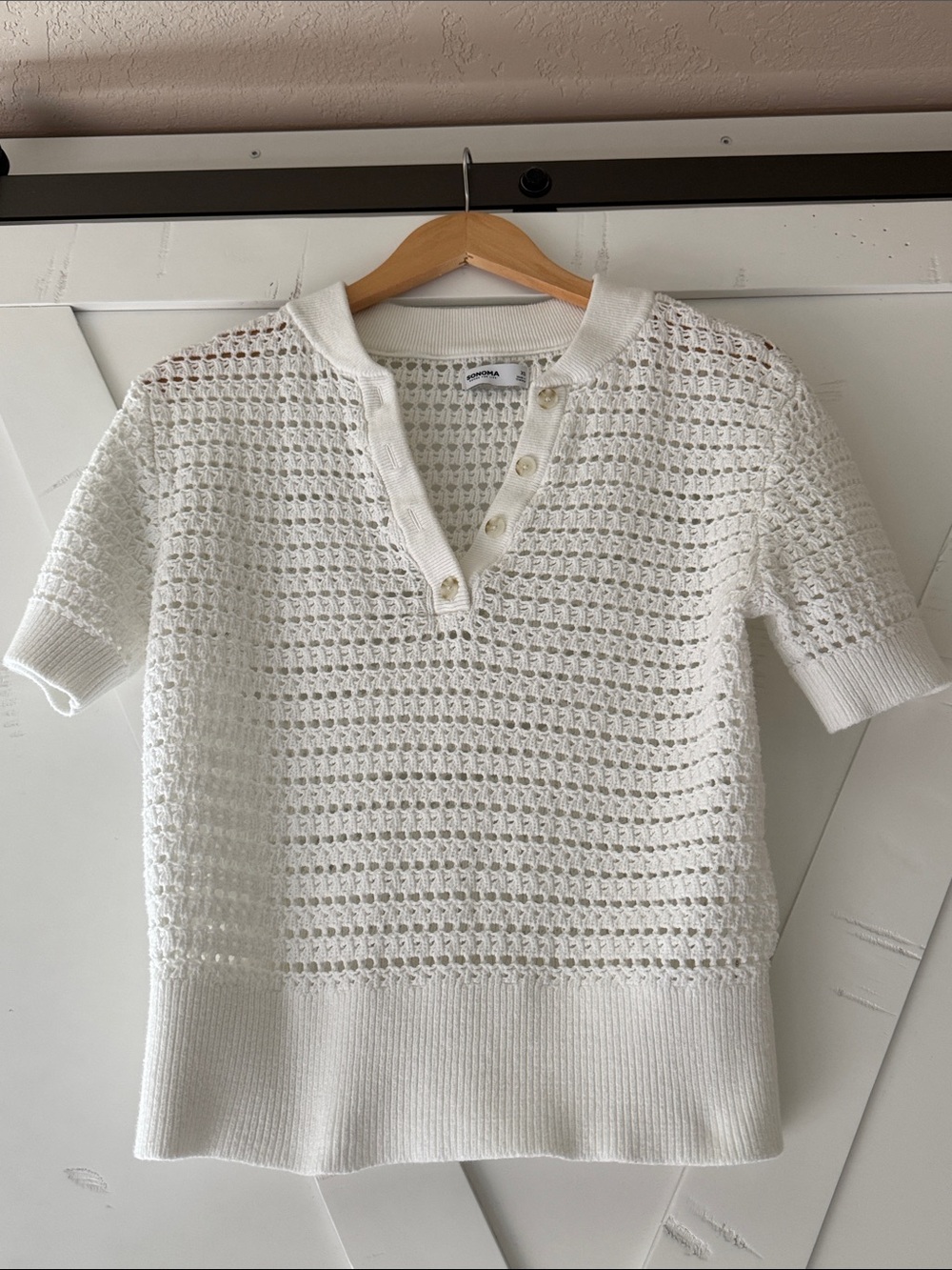 White Knit Short-Sleeve Button Henley Top (Textured Knit)
